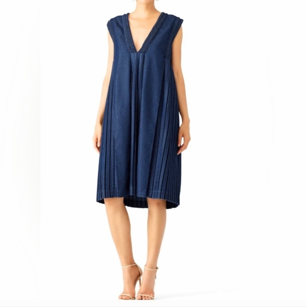VERONIQUE BRANQUINHO Pleated Denim Dress‎ Size 38 US 6 Italy Sleeveless V-Neck